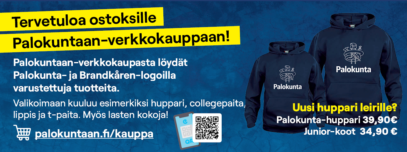 Palokuntaan-kaupan mainoskuva: tervetuloa ostoksille Palokuntaan-verkkokauppaan! palokuntaan.fi/kauppa. Kuvassa Palokunta-huppari aikuisten ja lasten koossa.